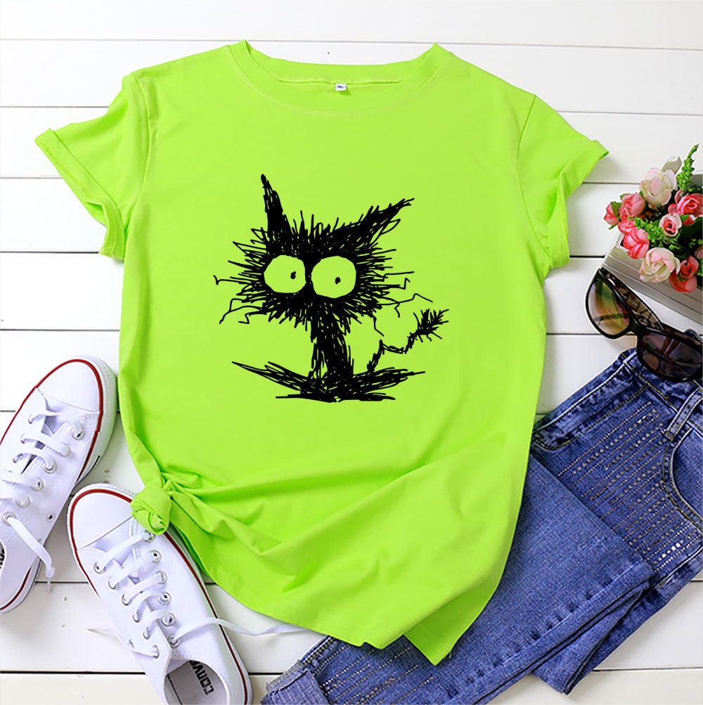 Women’s Cat Print Cotton T-Shirt – Blue/Black