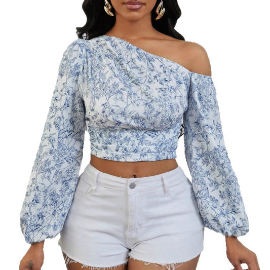 Women's Asymmetric Shoulder Puff Sleeve Shirt Autumn