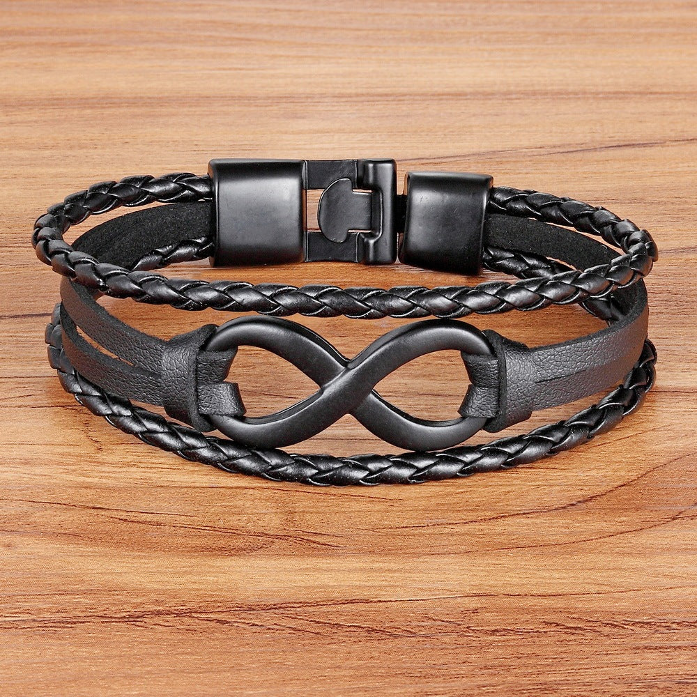 Stainless steel figure eight multi-layer leather braided bracelet