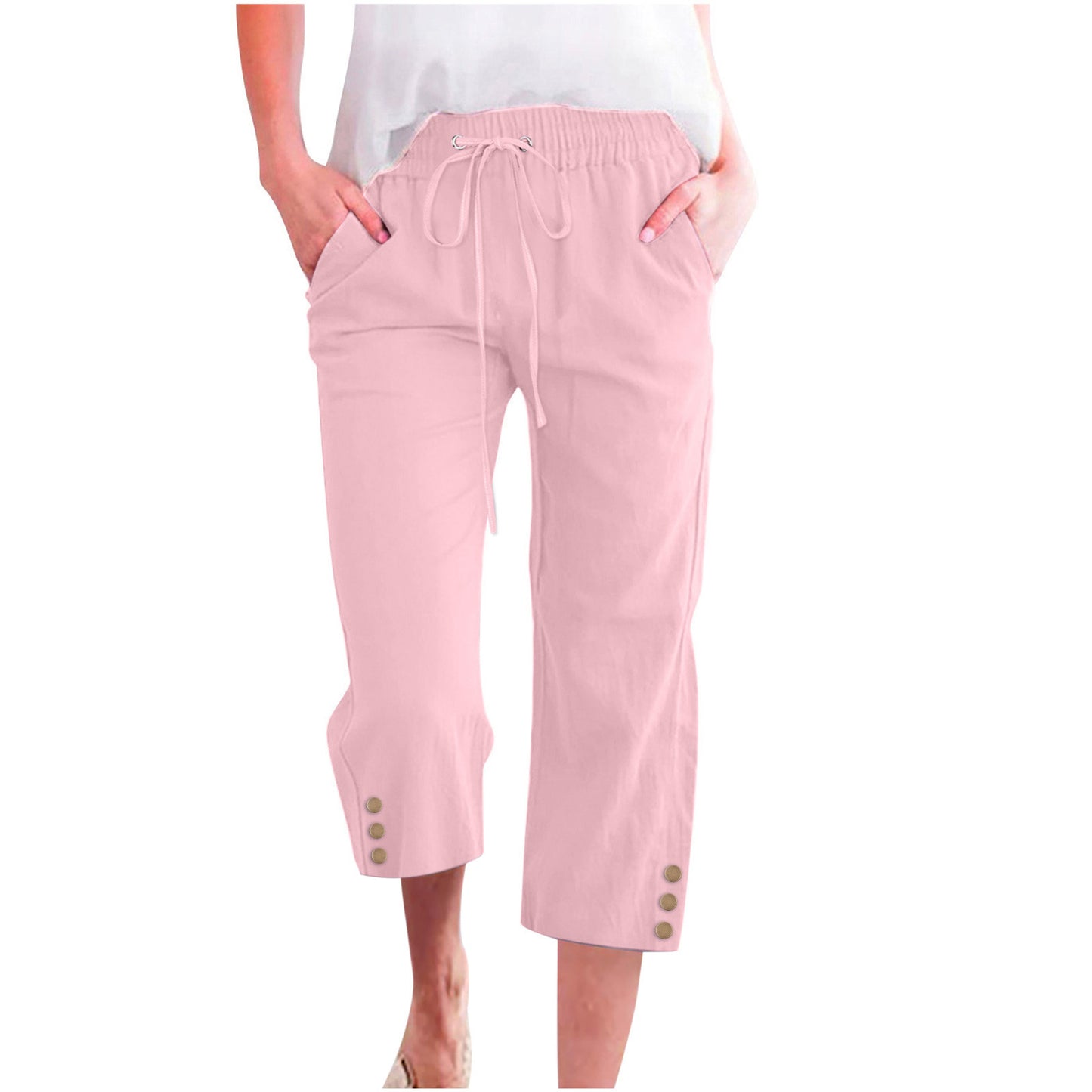 Womens Solid-Colored Drawstring Cotton-Linen Casual Loose-Fit Home Cropped Pants With Buttons And Pockets