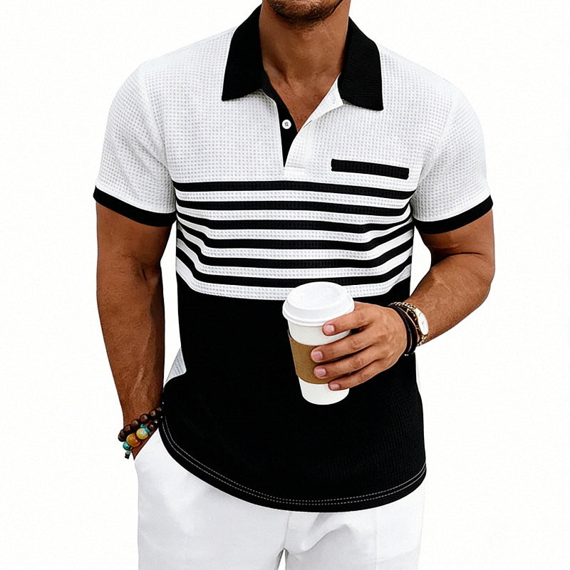 Men's Casual Waffle-Stripe Short-Sleeve Polo Shirt