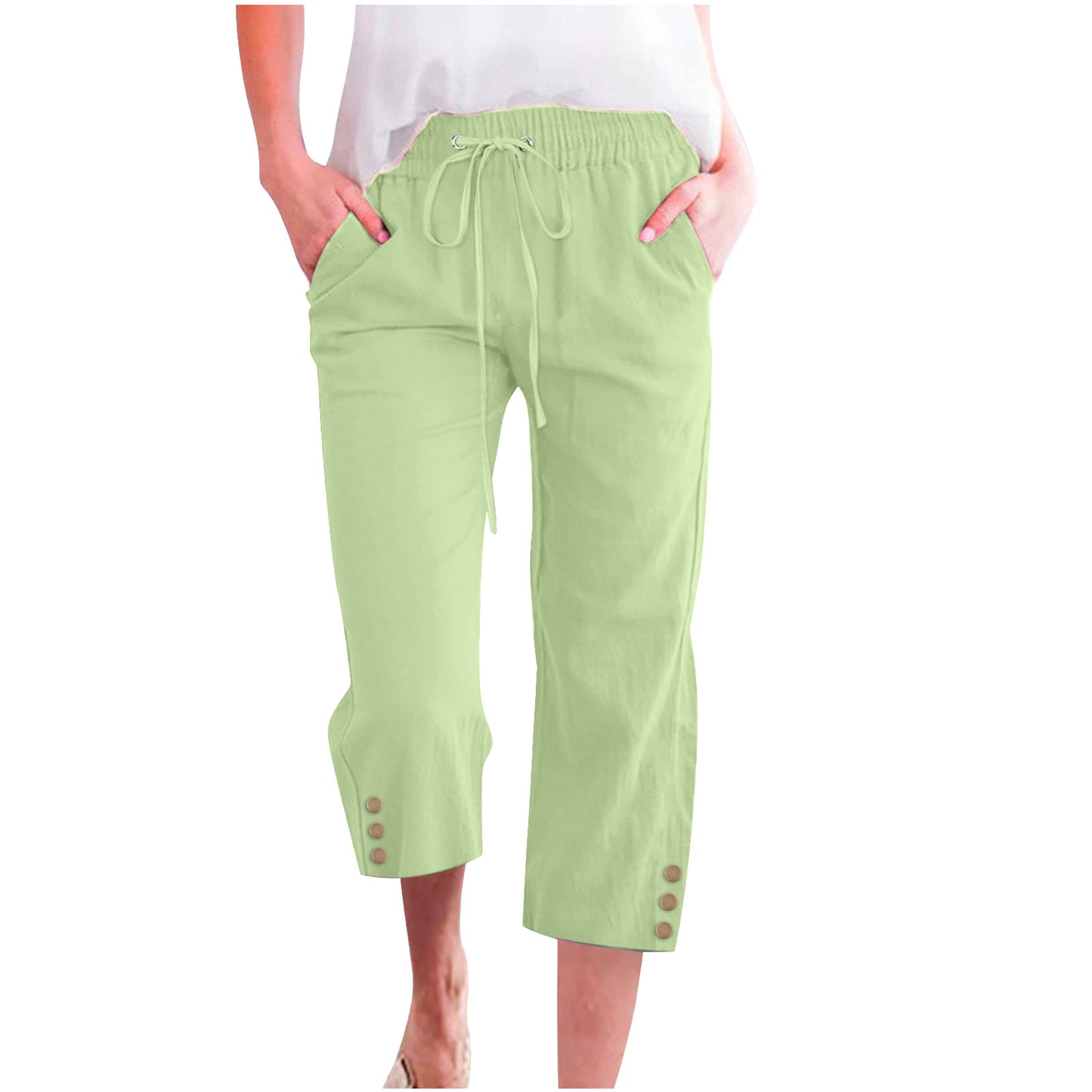 Womens Solid-Colored Drawstring Cotton-Linen Casual Loose-Fit Home Cropped Pants With Buttons And Pockets
