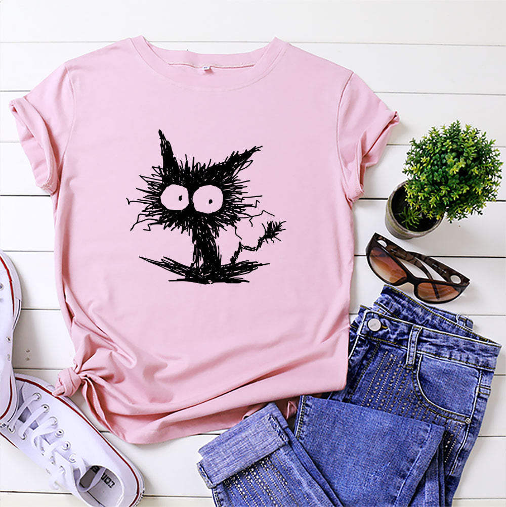 Women’s Cat Print Cotton T-Shirt – Blue/Black