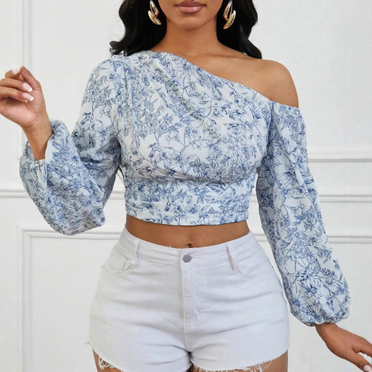 Women's Asymmetric Shoulder Puff Sleeve Shirt Autumn