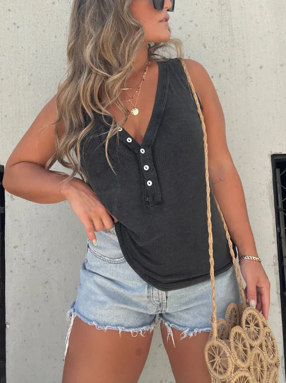 Women's Deep V-Neck Sleeveless Solid Color T-Shirt Vest With Buttoned Pocket Detailing