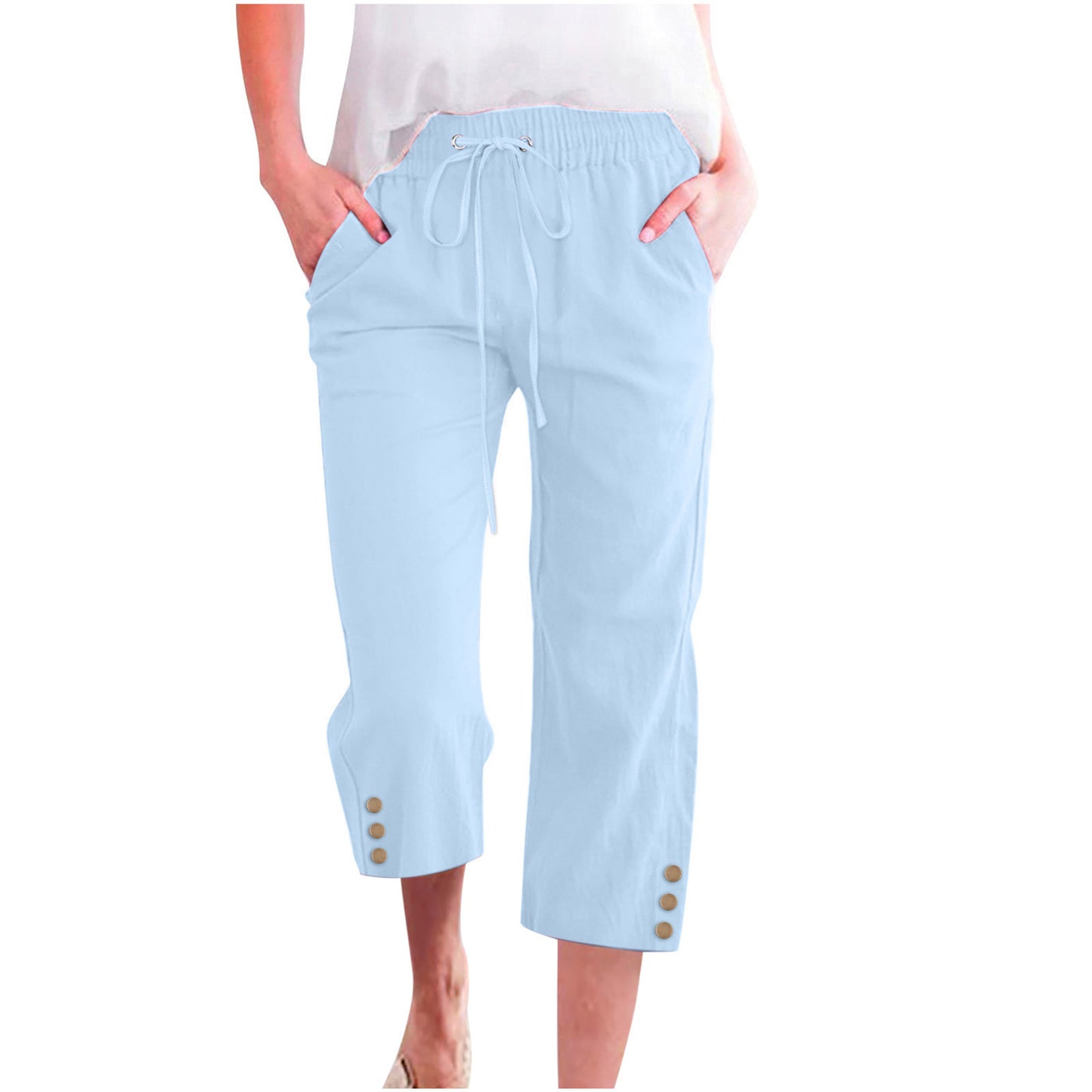 Womens Solid-Colored Drawstring Cotton-Linen Casual Loose-Fit Home Cropped Pants With Buttons And Pockets