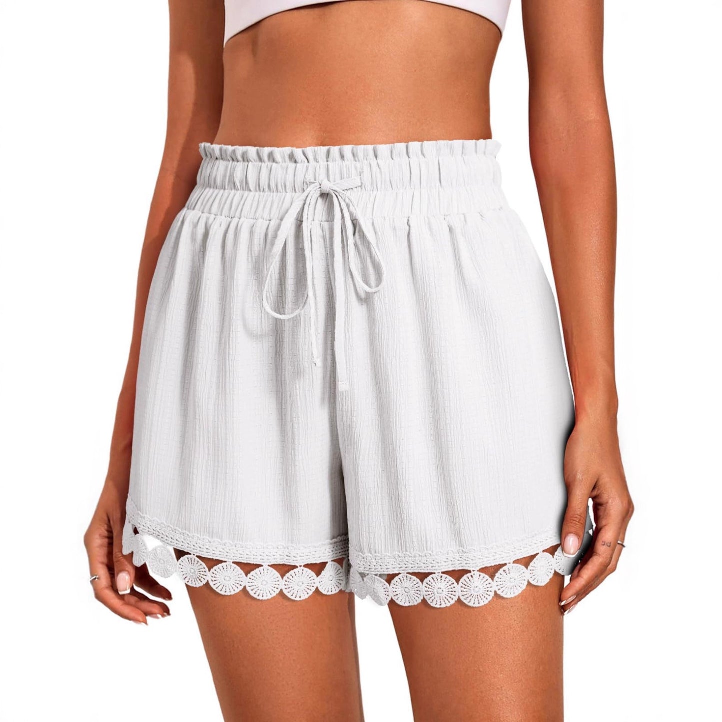 Fashionable Lace-trimmed Beach Casual Loose Lace-up Shorts