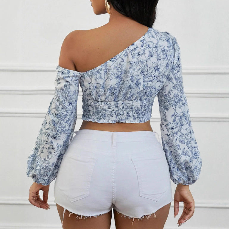 Women's Asymmetric Shoulder Puff Sleeve Shirt Autumn