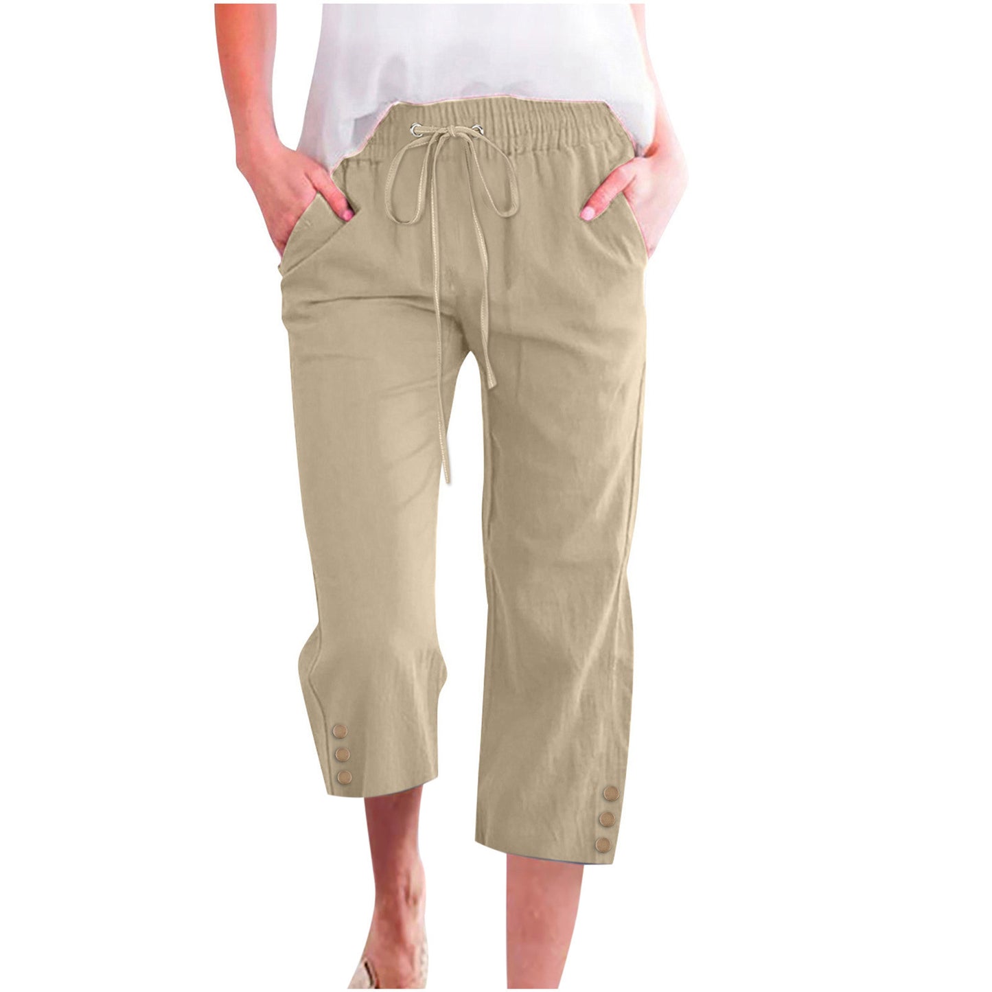 Womens Solid-Colored Drawstring Cotton-Linen Casual Loose-Fit Home Cropped Pants With Buttons And Pockets