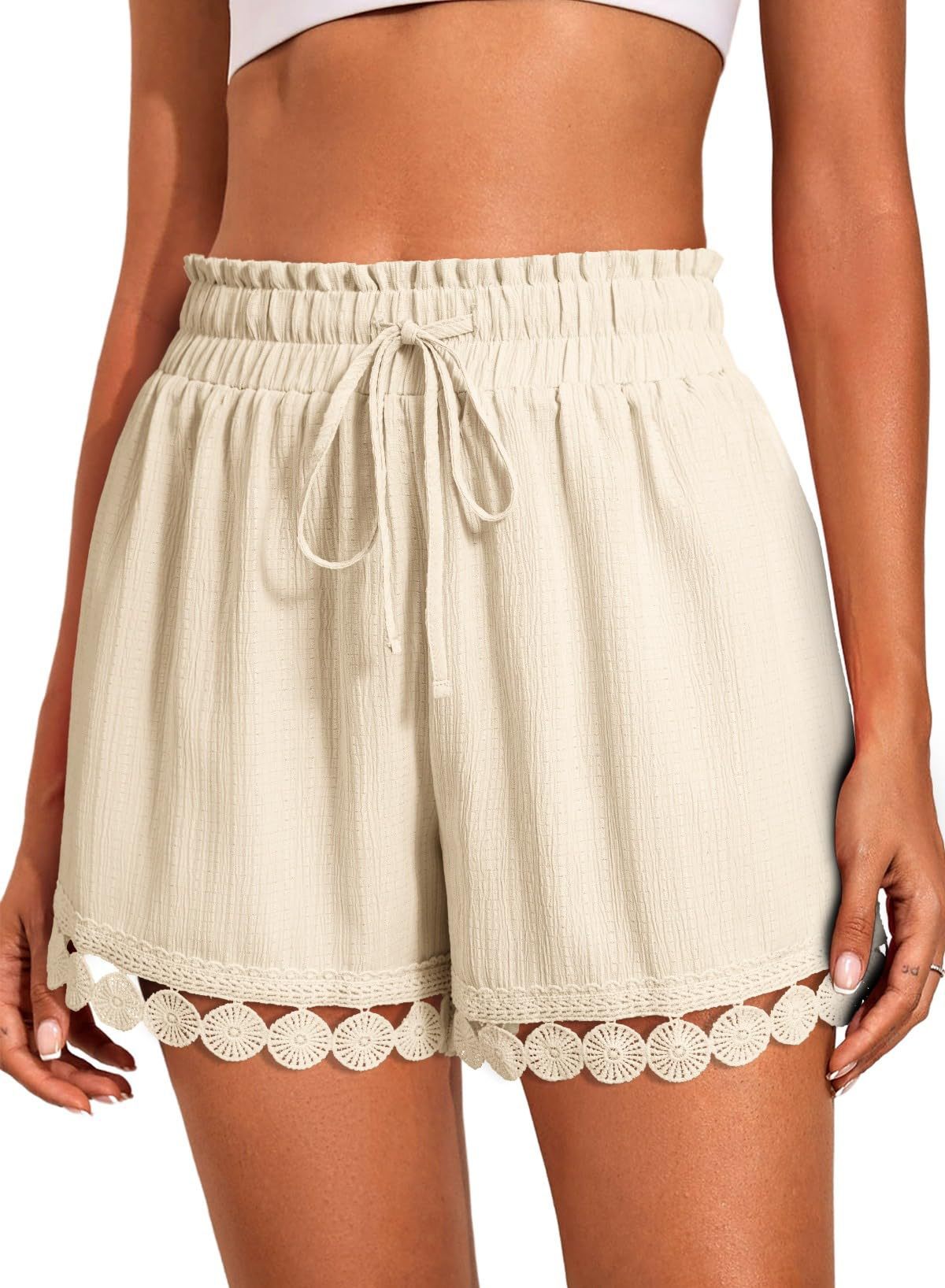 Fashionable Lace-trimmed Beach Casual Loose Lace-up Shorts