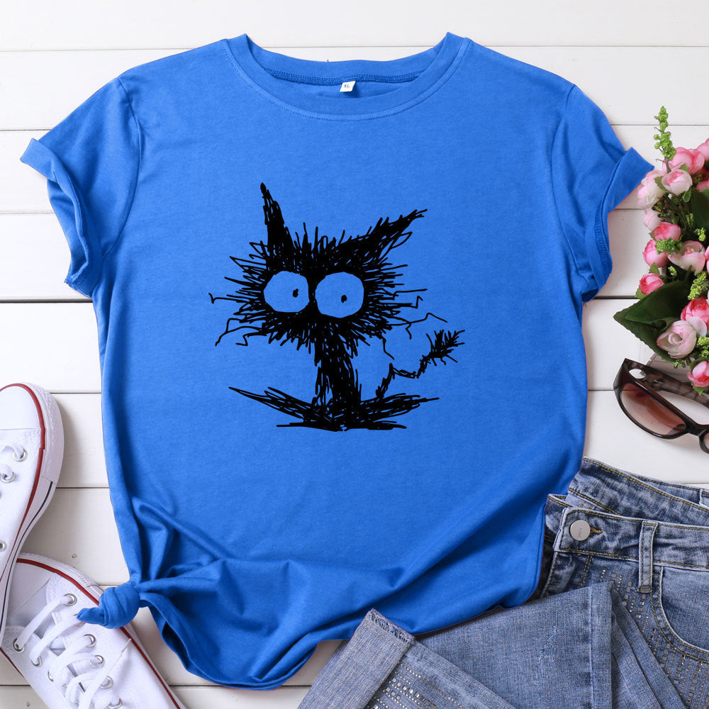 Women’s Cat Print Cotton T-Shirt – Blue/Black